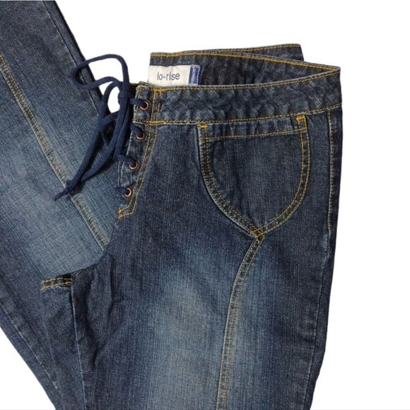 VTG 90s Rare Jordache Dark Wash Lo-Rise Lace Up Flare Jeans Size 11/12 - Picture 6 of 14
